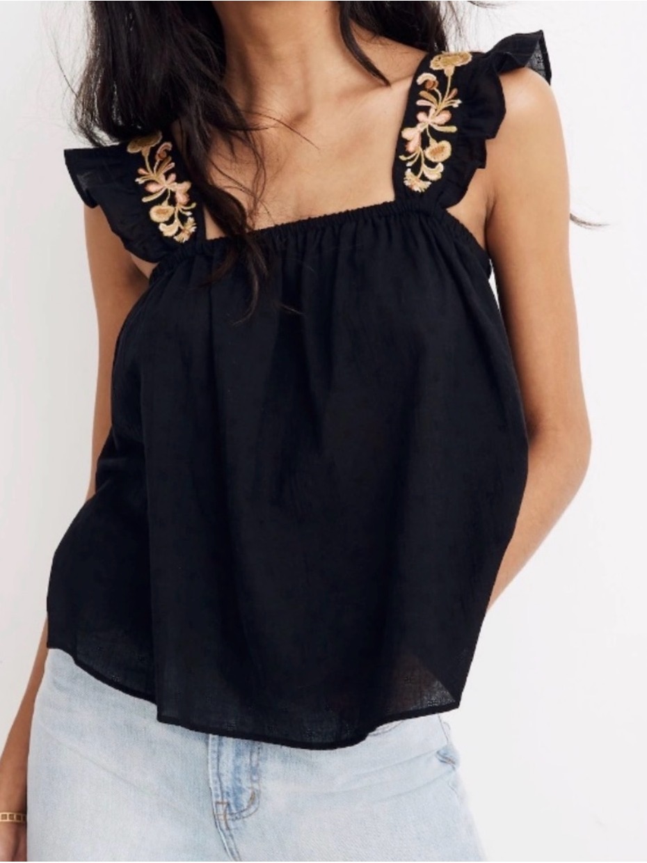 Madewell Black Tank Top With Gold Floral Embroidered Ruffle Straps Size 2